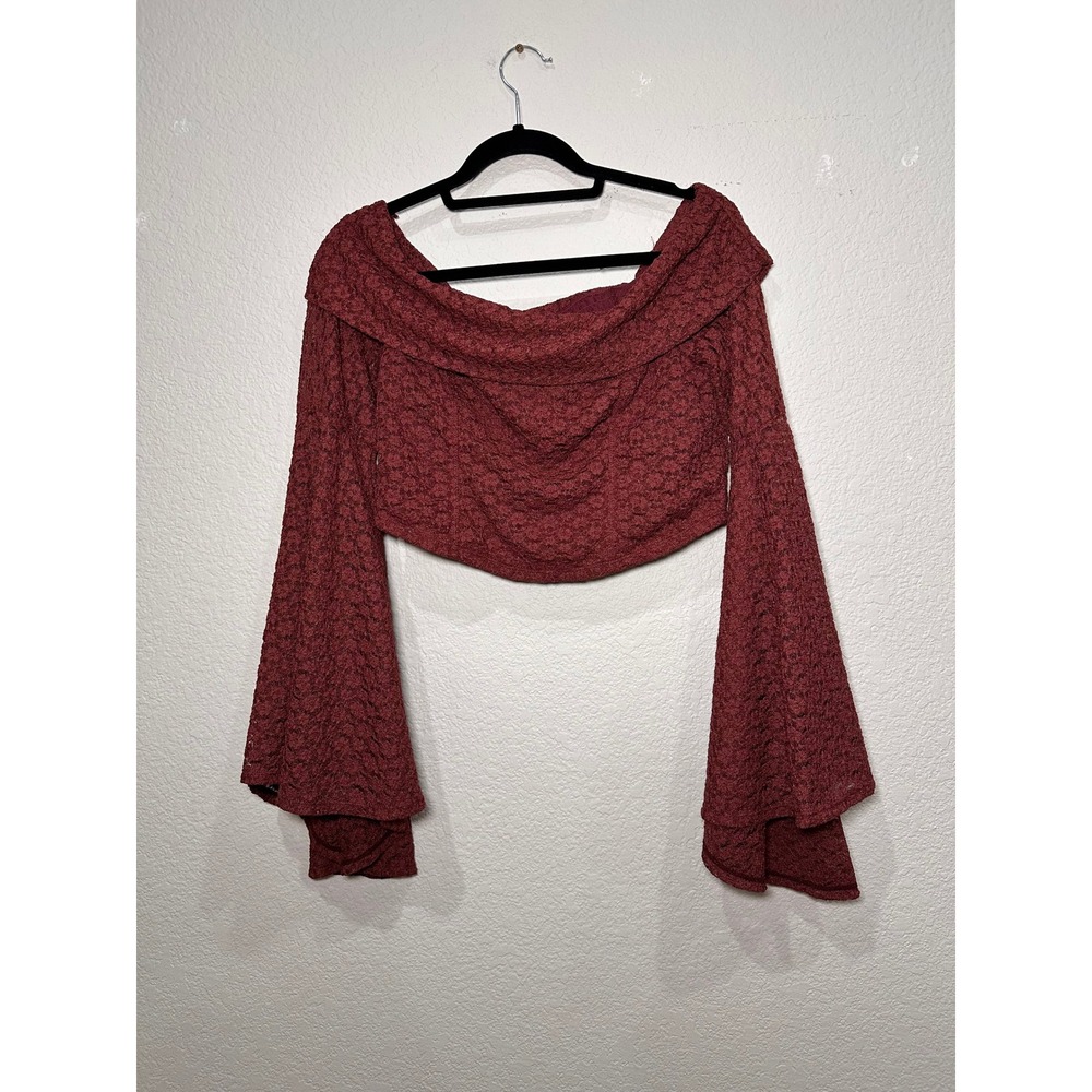 Free People Off The Shoulder‎ Lace Bell Sleeve Cropped Smocked Top Maroon Size 1